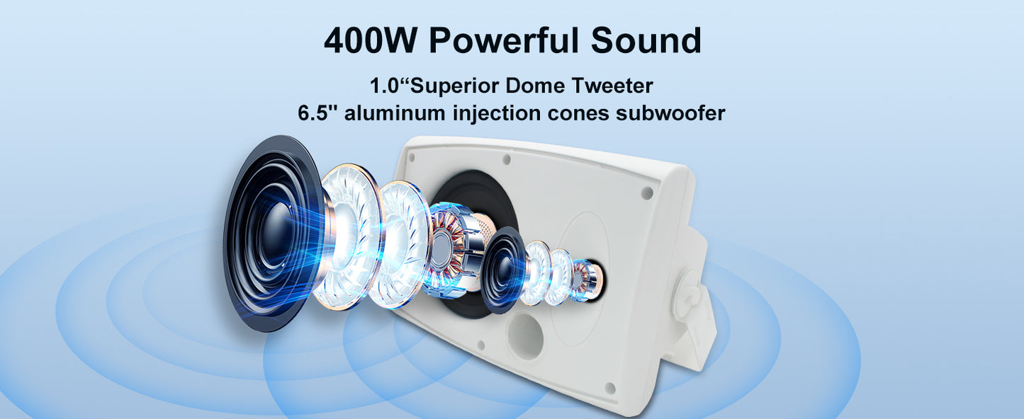 Herdio 2PCS 400W 6.5‘’ Passive Outdoor Speakers Wired Waterproof 2 Way Wall Mounted Speakers With Powerful Bass For Patio Home