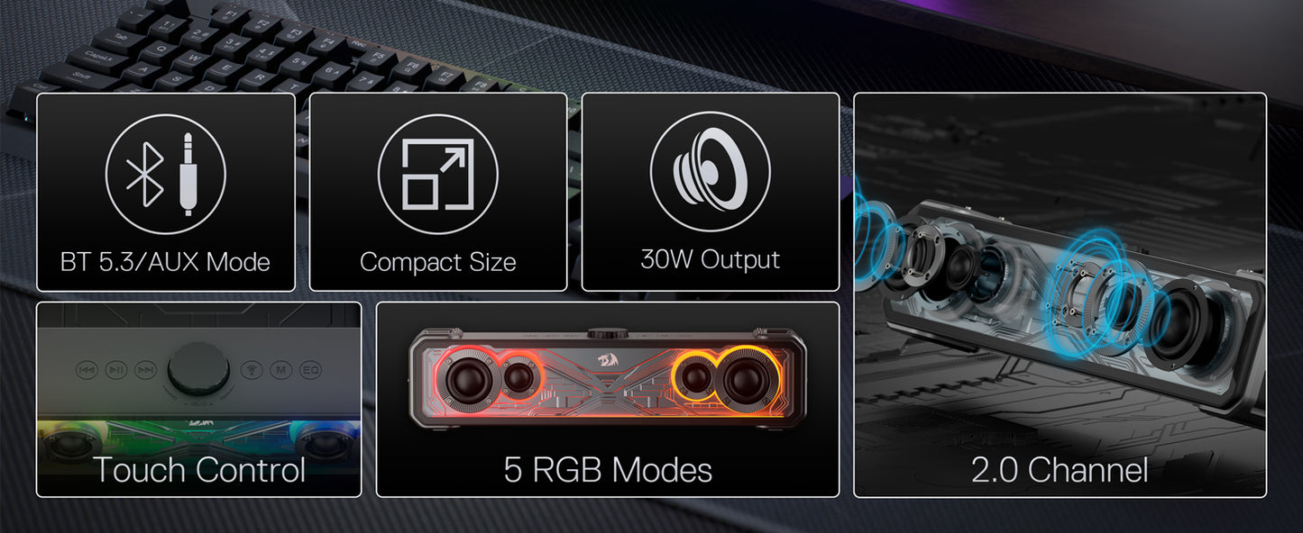 Redragon GS817 RGB 2.0 Channel Stereo Speakers Touch-Control Bluetooth 5.3 & 3.5mm AUX Inputs Desktop Soundbar, Black