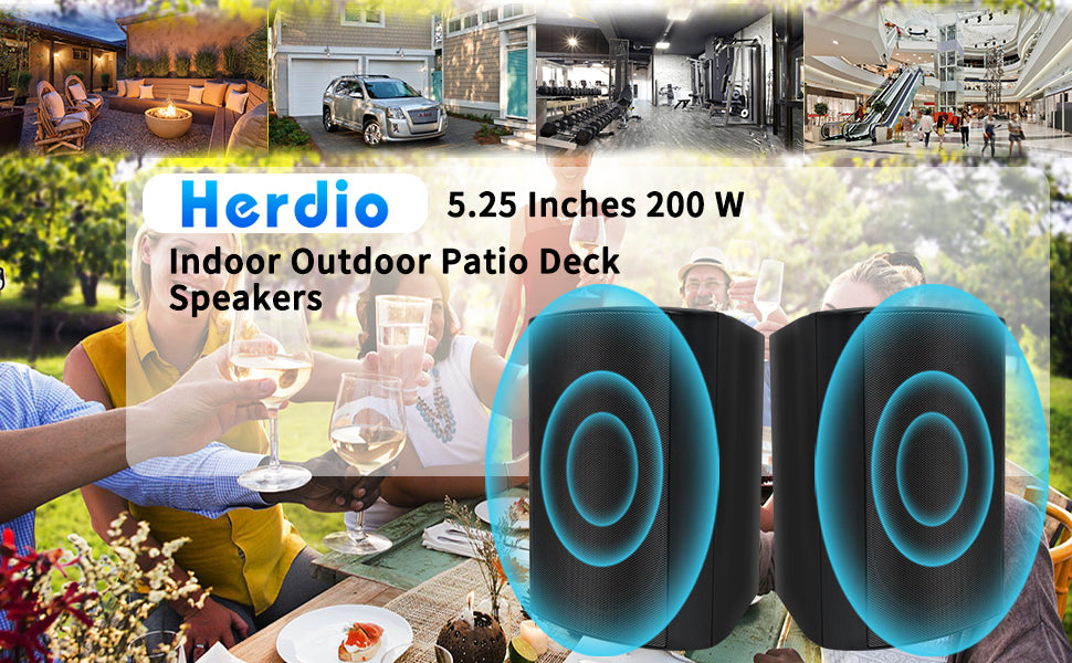 Herdio 2PCS 5.25‘’ 300 Watts Passive Wired Indoor Outdoor Patio Deck Speakers All Weather Wall Mount System For Patio Garden