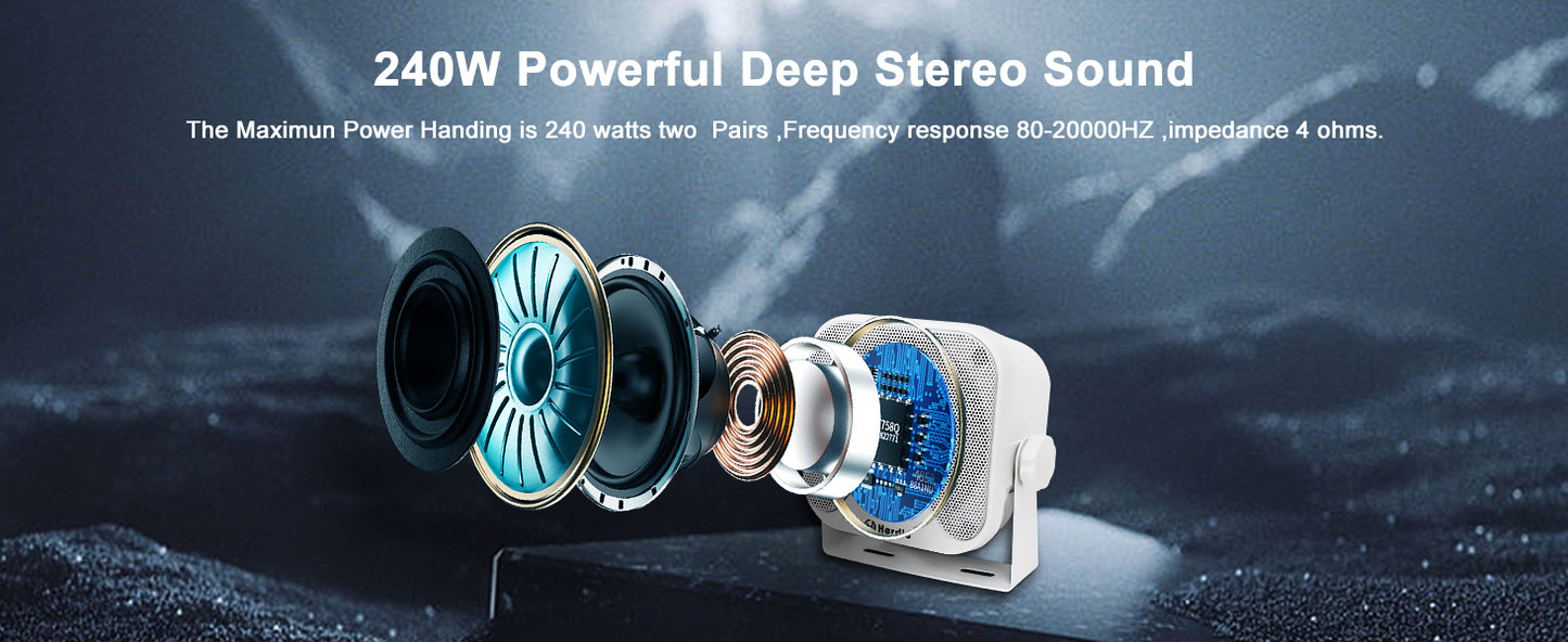 Herdio 4'' 4PCS Bluetooth Golf Cart Speakers 240W Waterproof Marine Speakers For Outdoor Boat ATV UTV Jeep Courtyard Powersports