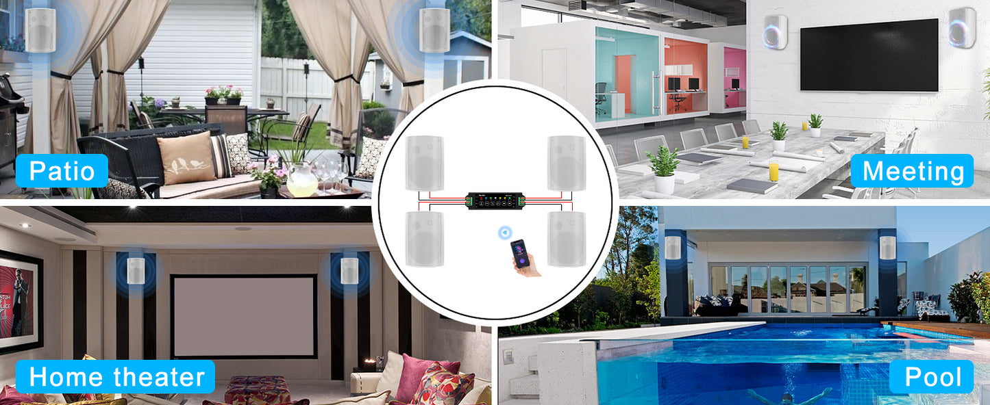Herdio 4PCS 6.5‘’ 800W Outdoor Bluetooth Speakers Waterproof Wall Mounted Sound System With Multifunctional Amplifier For Patio