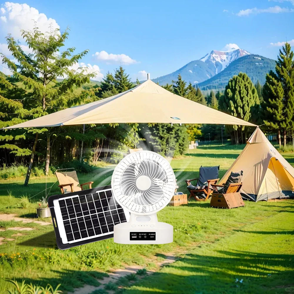 New Rechargeable Fan with 6V 3.5W Solar Panel, USB port,LED light and 2 Free Bulbs 3 Wind Speeds Outdoor Portable Camping Fan