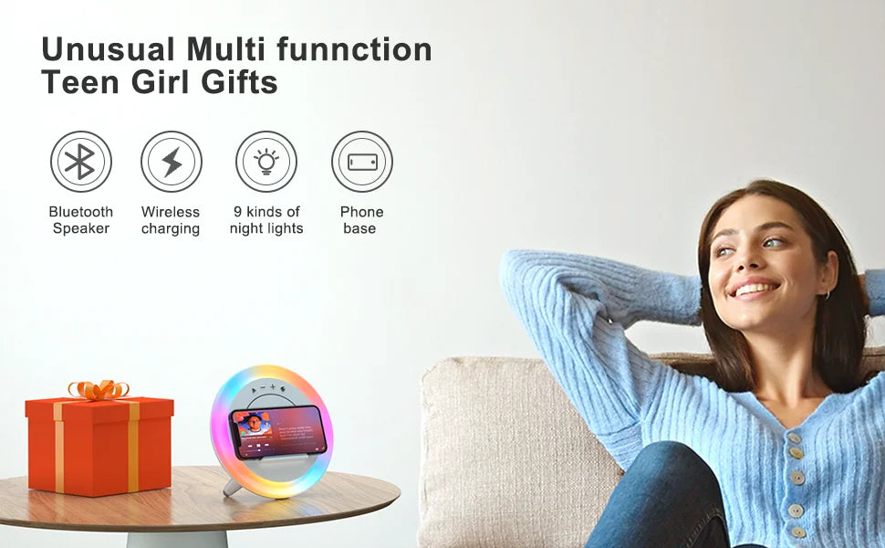 Bluetooth Speaker with Night Light, Wireless Charging, Perfect Teenage Birthday Gift for Tween Girls