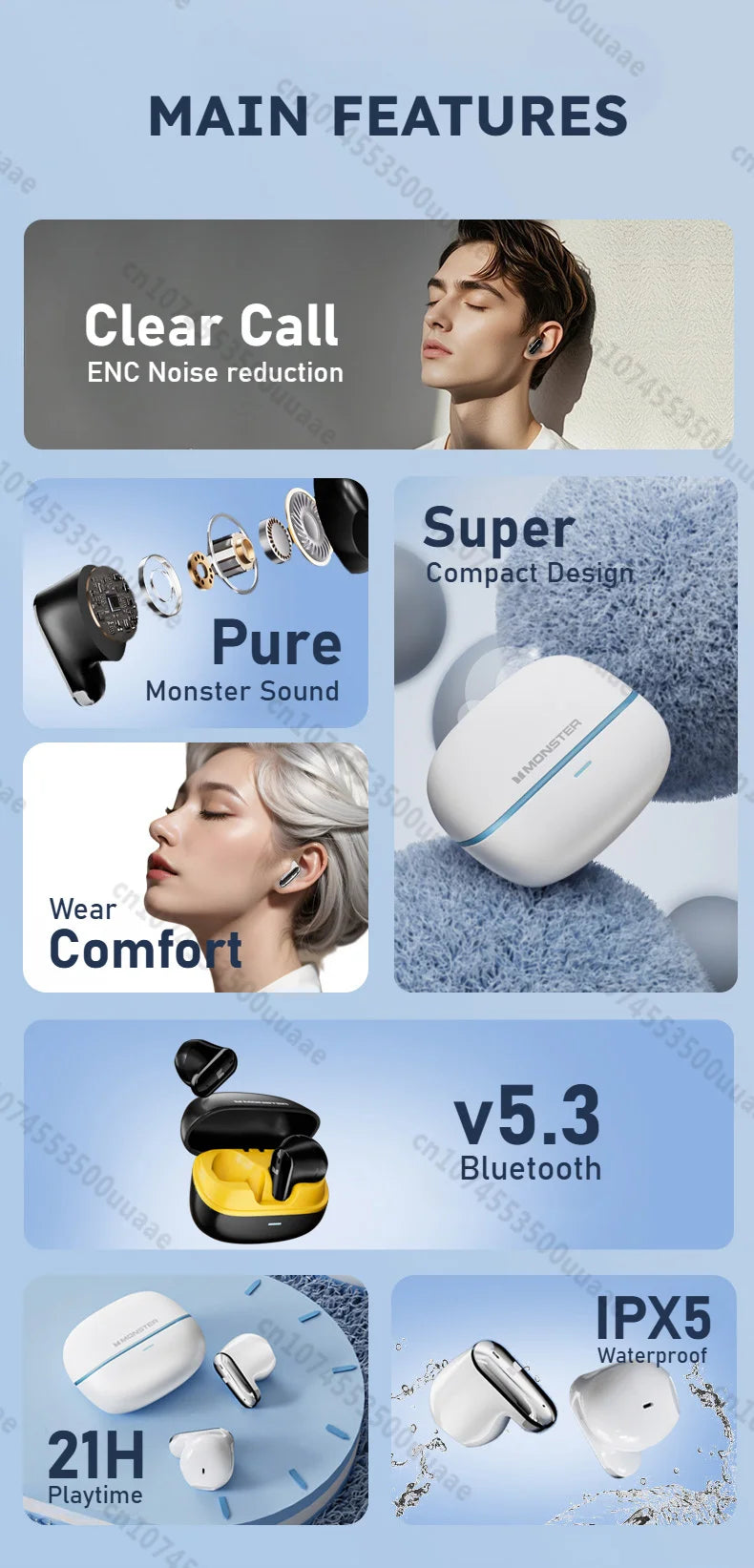 Monster GT19 Ultra Mini Ture Wireless Earbuds Invisible In-Ear Bluetooth 5.3 Earphone IPX5 Waterproof Sports Ear Buds with Mic