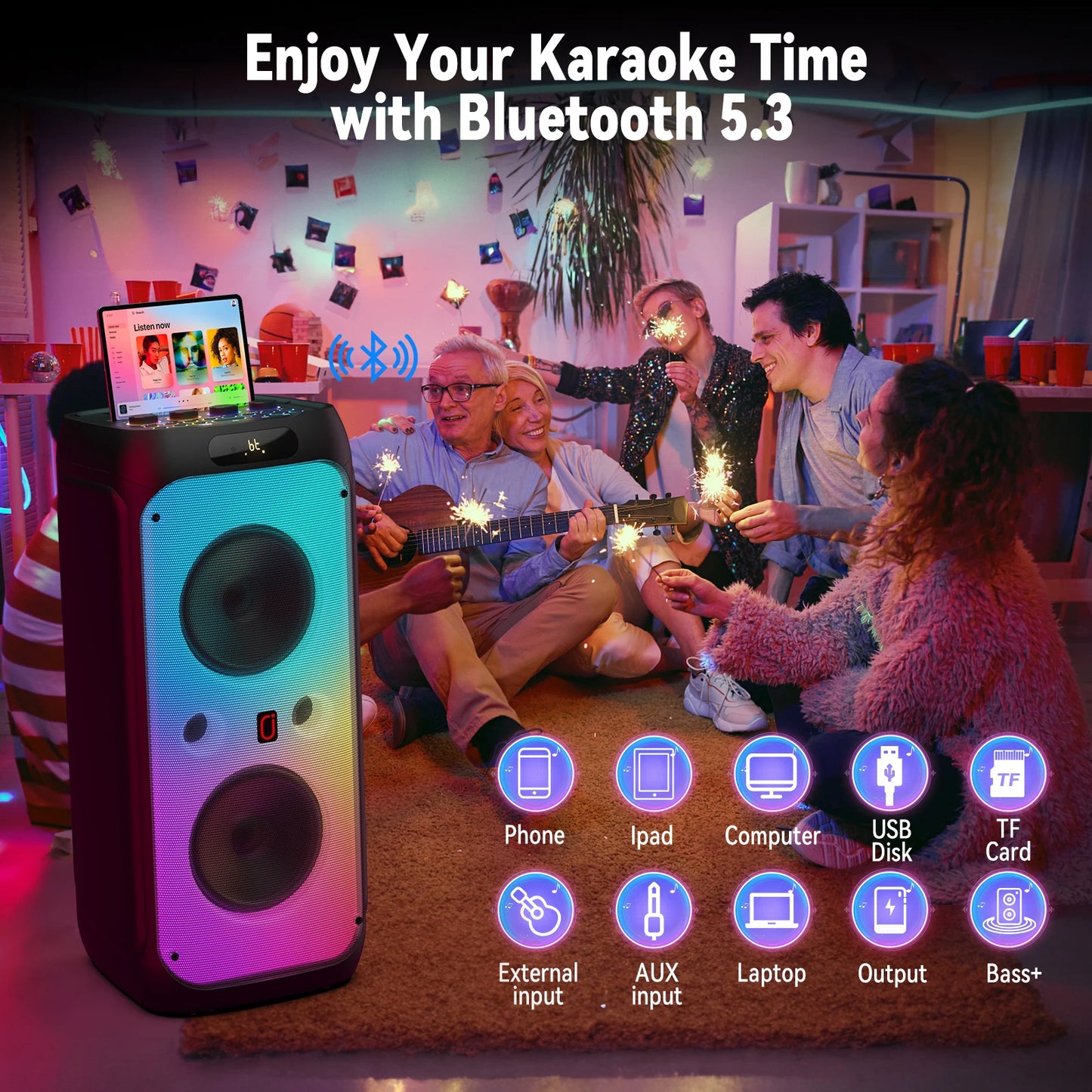 FanFun 500W Large Bluetooth Speaker, Wireless Speaker with LED Party Light, Karaoke Machine with 2 Microphones, Karaoke Speaker