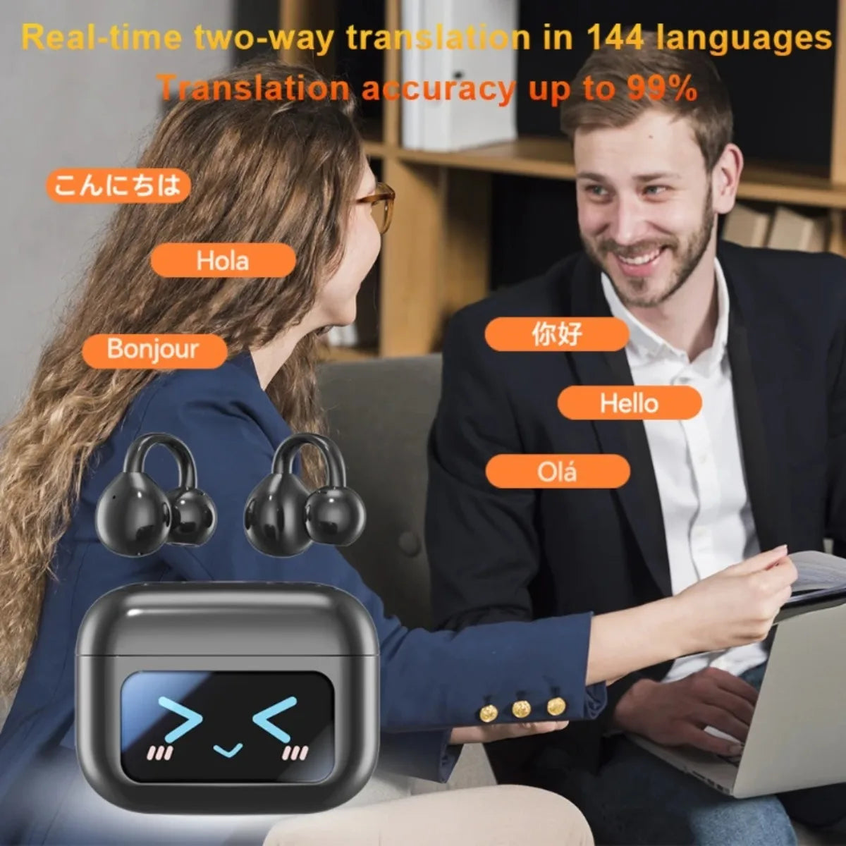 Wireless Ear Clip Earphones with Touch Screen 144 Languages AI Real Time Translation Headphones Smart Bluetooth Earbuds Device
