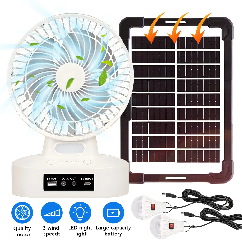 New Rechargeable Fan with 6V 3.5W Solar Panel, USB port,LED light and 2 Free Bulbs 3 Wind Speeds Outdoor Portable Camping Fan
