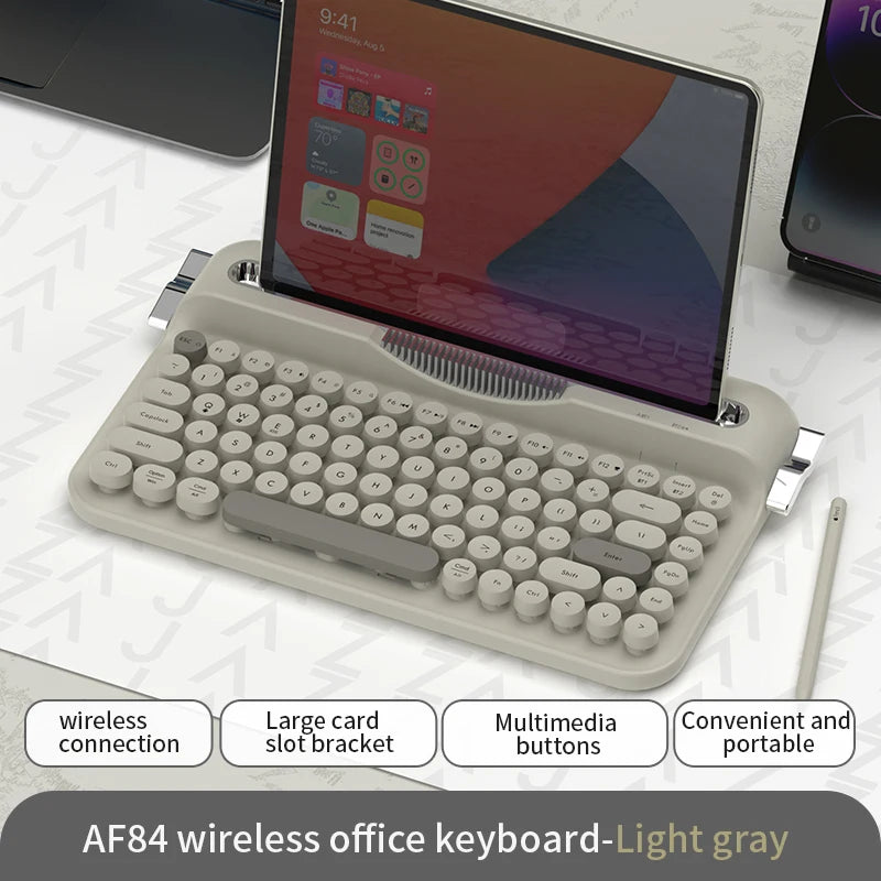 AJAZZ AF84 Wireless 2.4G Bluetooth Dual Mode Retro Keyboard comes with fixed groove bracket for multi-device connection