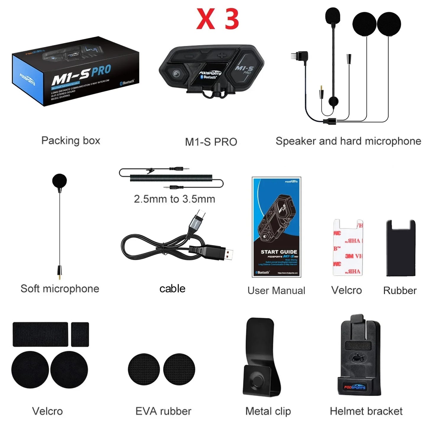 3Pcs Fodsports M1-S Pro Motorcycle Helmet Bluetooth Intercom Headset 8 Riders 2000M Waterproof BT Intercomunicador Moto