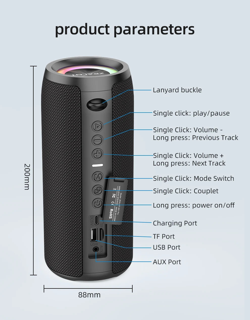 Zealot-S51Pro High-power Bluetooth Speaker 40W 3D Stereo Bass Bluetooth Speaker Portable IPX5 Waterproof Suitable TWS Boom Box