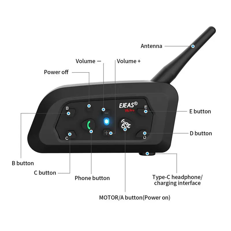 EJEAS Motorcycle Intercom V6 PRO+ Helmet 6 Riders 800m Communicator Waterproof V5.1 Music Player Interphone Bluetooth Headset