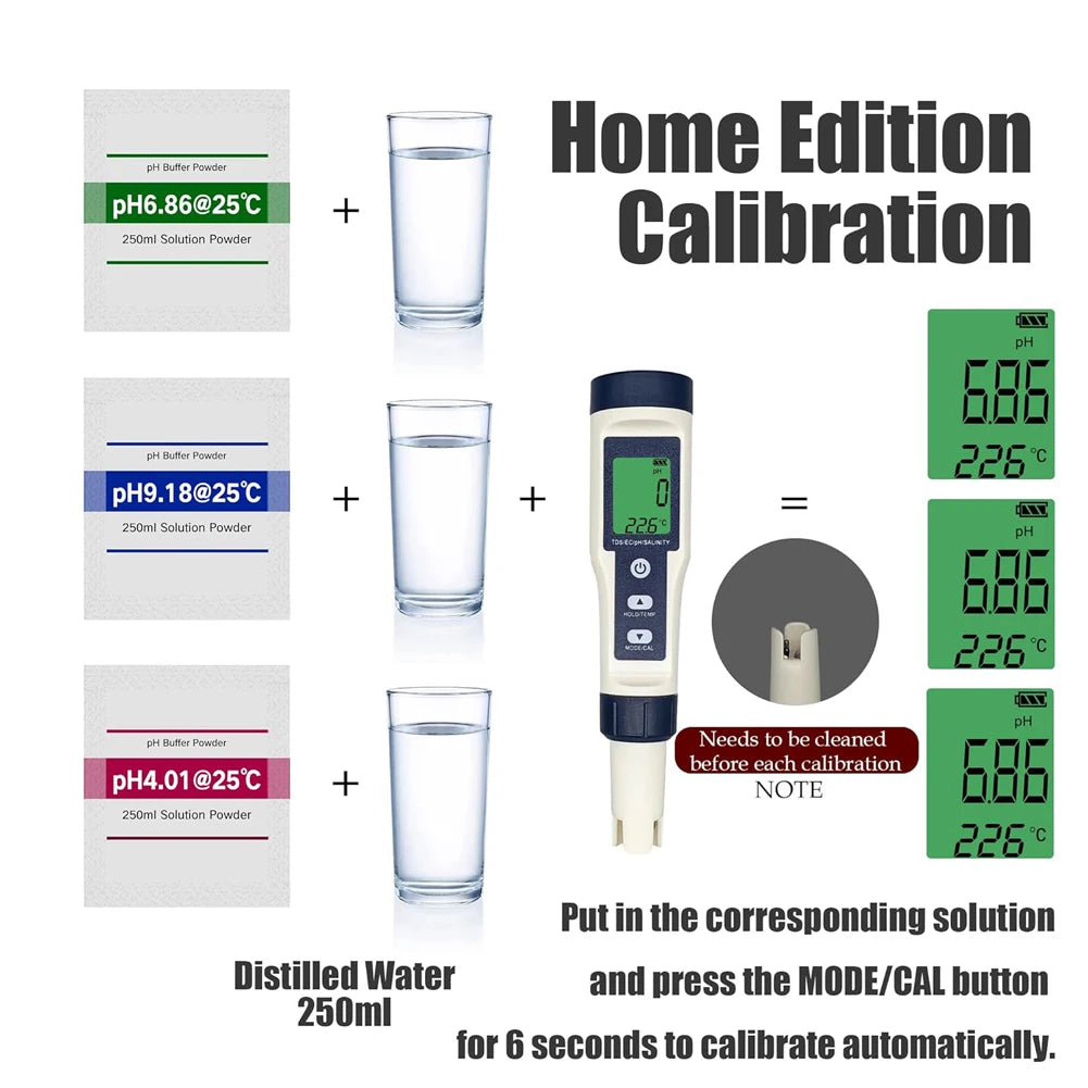 5 in 1 Water Tester Monitor Digital TDS/EC/PH/Salinity/Temperature Meter Portable Pen Water Quality Detector for Pools Aquariums