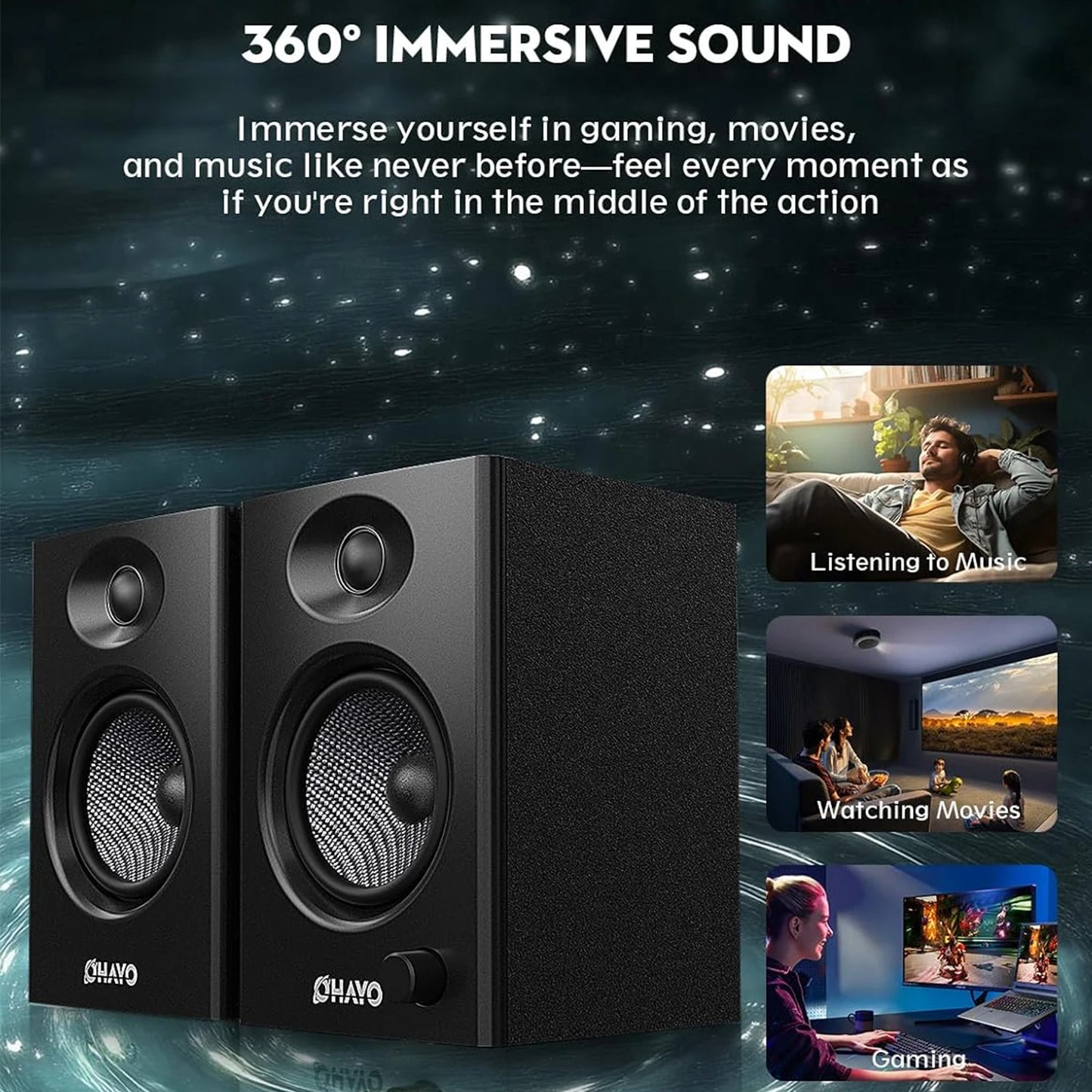 OHAYO 60W Computer Speakers for Gaming and Music, Active Bluetooth 5.3, Stereo 2.0 Speakers for Desktop PC Monitor or Laptop