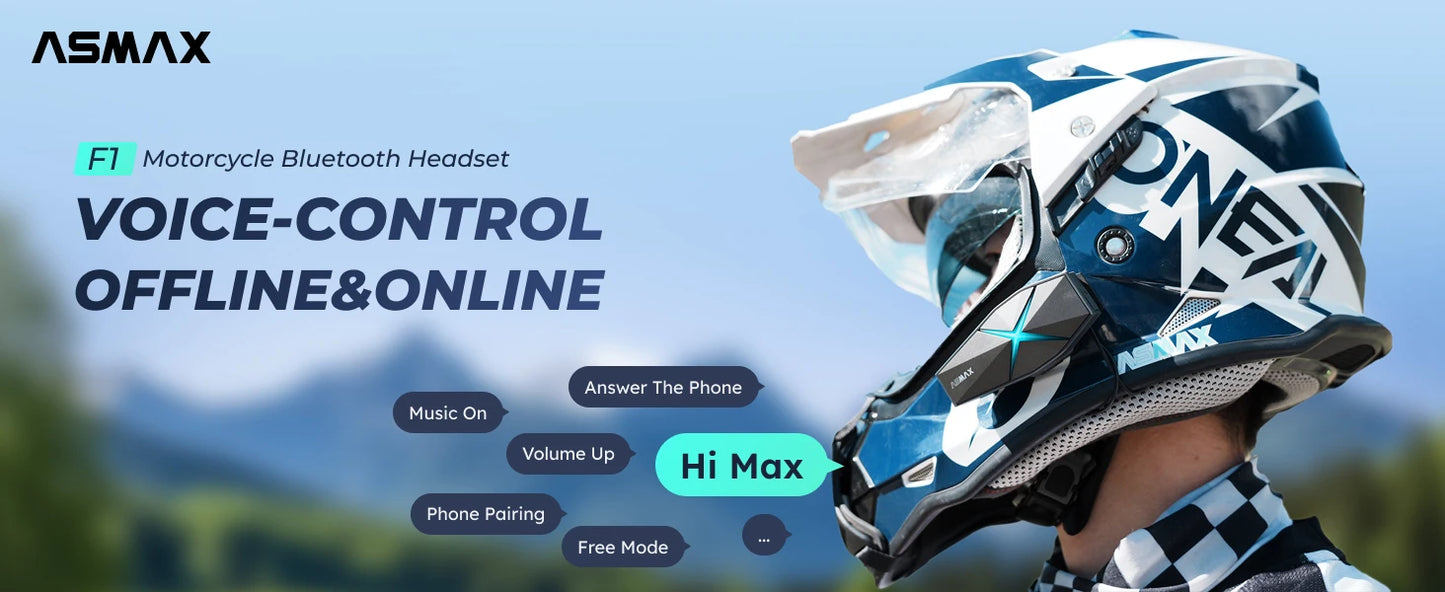 ASMAX F1 Mesh Motorcycle Intercom AI Voice HD 45mm Speakers 1350mAh Battery Pro-Level Helmet Communication System Global version
