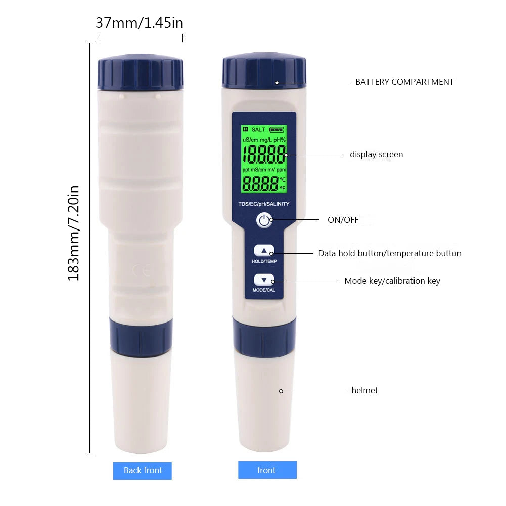 5 in 1 Water Tester Monitor Digital TDS/EC/PH/Salinity/Temperature Meter Portable Pen Water Quality Detector for Pools Aquariums
