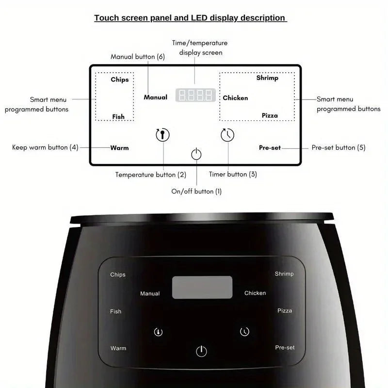 6L Large Capacity Digital Touch Air Fryer Multi Use Non Stick Energy Saving Easy Clean Oven For Household Kitchen Cooking