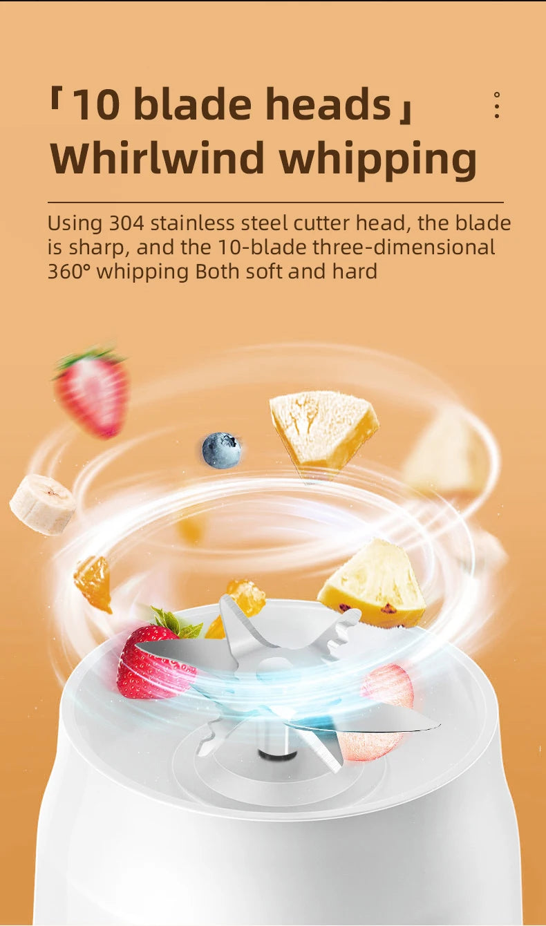Portable electric juicer, 450ml, USB fast charging, 10 blades, dual cup design, suitable for milkshakes/juicers/smoothies