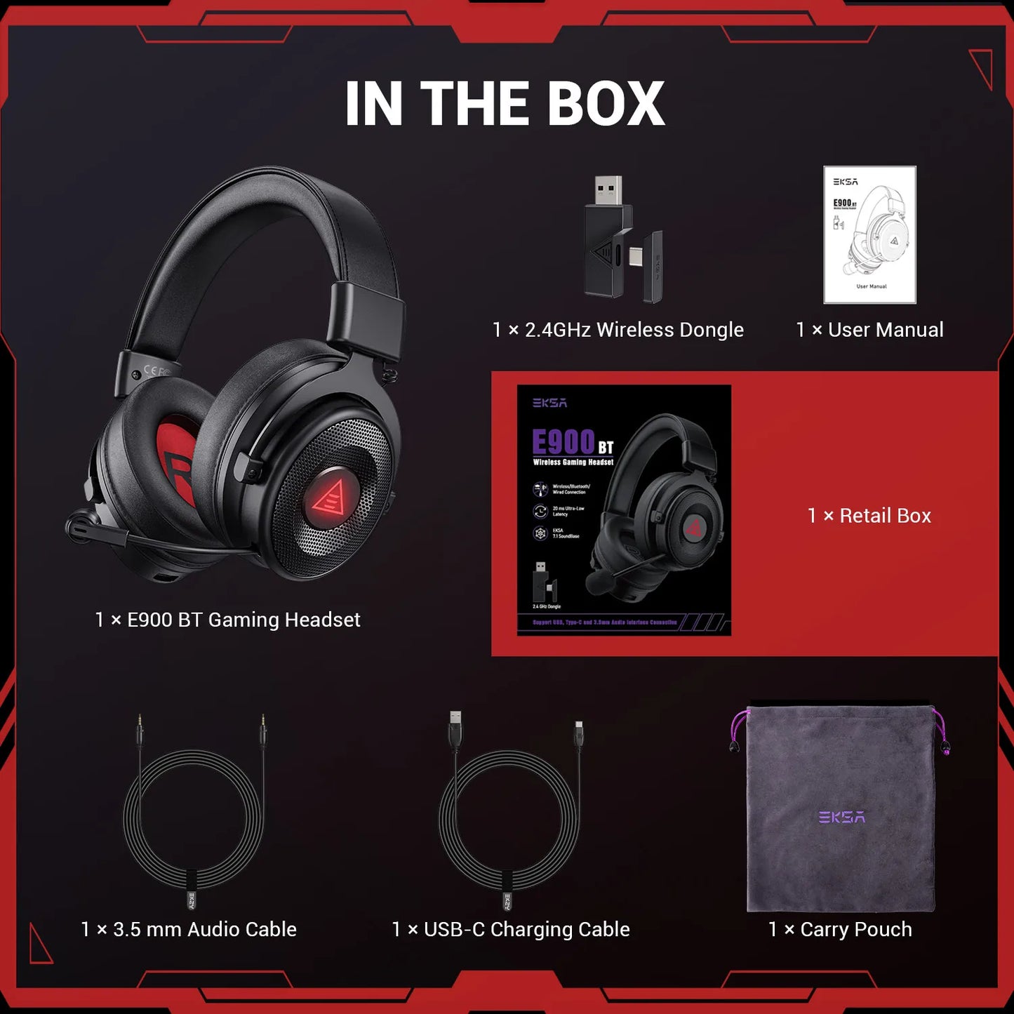 EKSA E900 BT 2.4GHz Wireless Bluetooth Headphones 7.1 USB/Type C Wired Gaming Headset Gamer with ENC Mic For PC/PS4/PS5/Xbox,50H