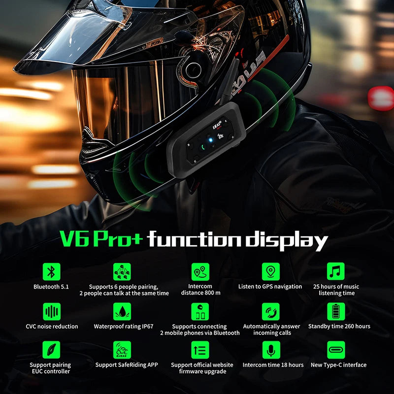 EJEAS Motorcycle Intercom V6 PRO+ Helmet 6 Riders 800m Communicator Waterproof V5.1 Music Player Interphone Bluetooth Headset