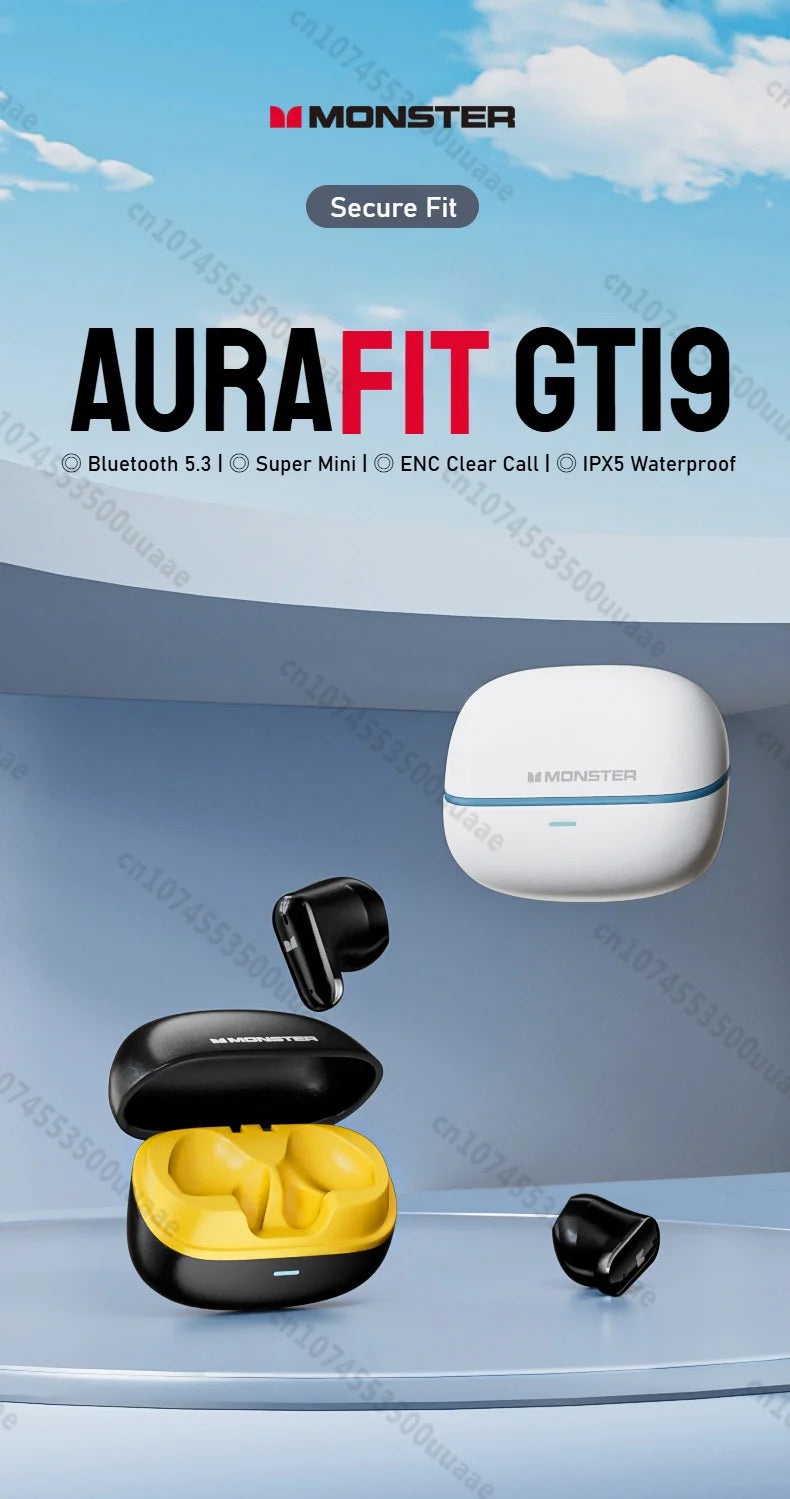Monster GT19 Ultra Mini Ture Wireless Earbuds Invisible In-Ear Bluetooth 5.3 Earphone IPX5 Waterproof Sports Ear Buds with Mic