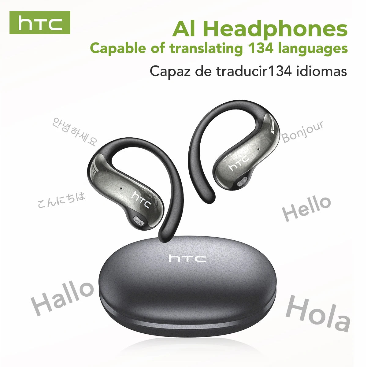 HTC NE19 Bluetooth Earphones OWS Sports Wireless Headphones Powerful Bass AI Translator Earbud Waterproof Ear Hook Louder Stereo