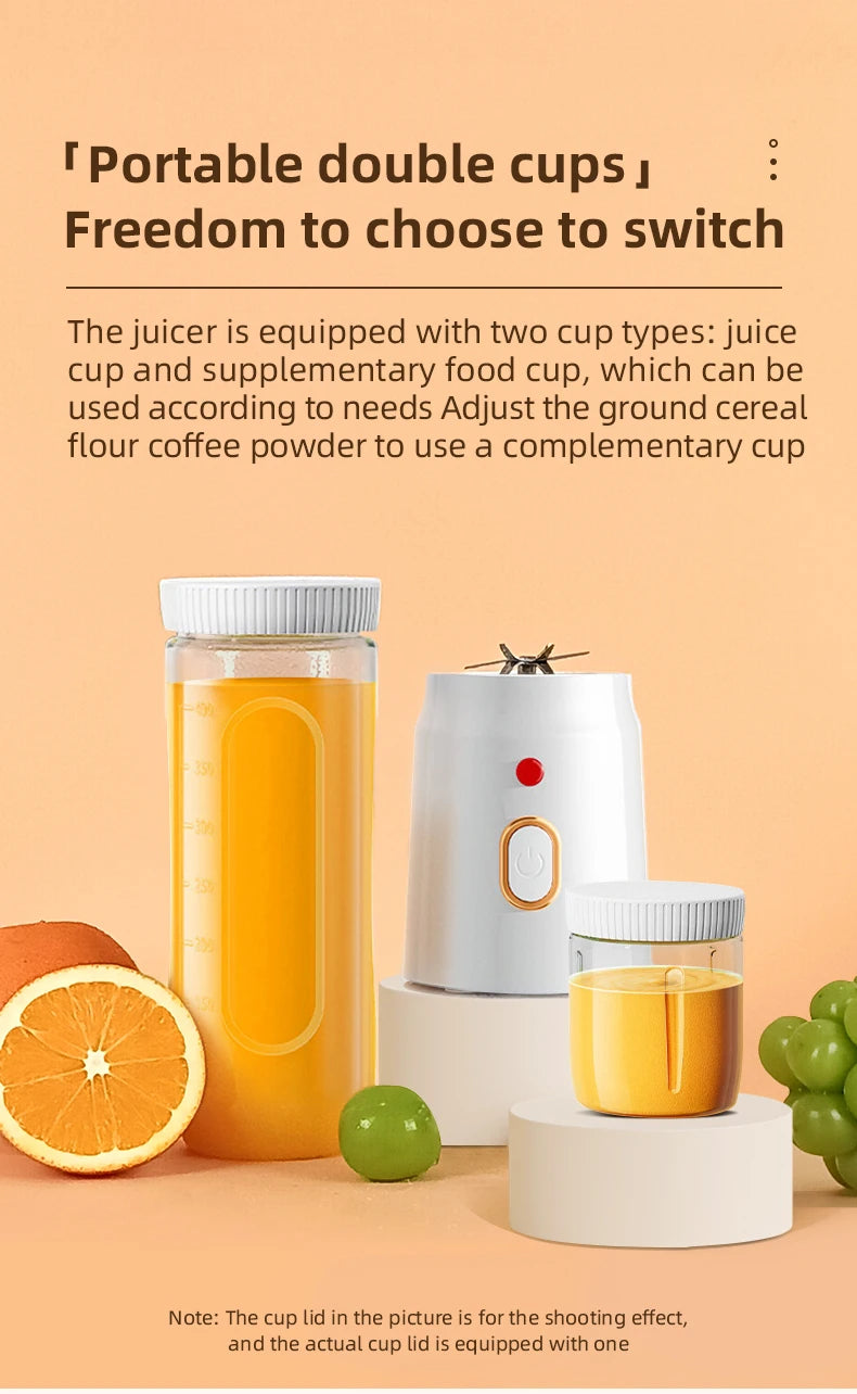 Portable electric juicer, 450ml, USB fast charging, 10 blades, dual cup design, suitable for milkshakes/juicers/smoothies