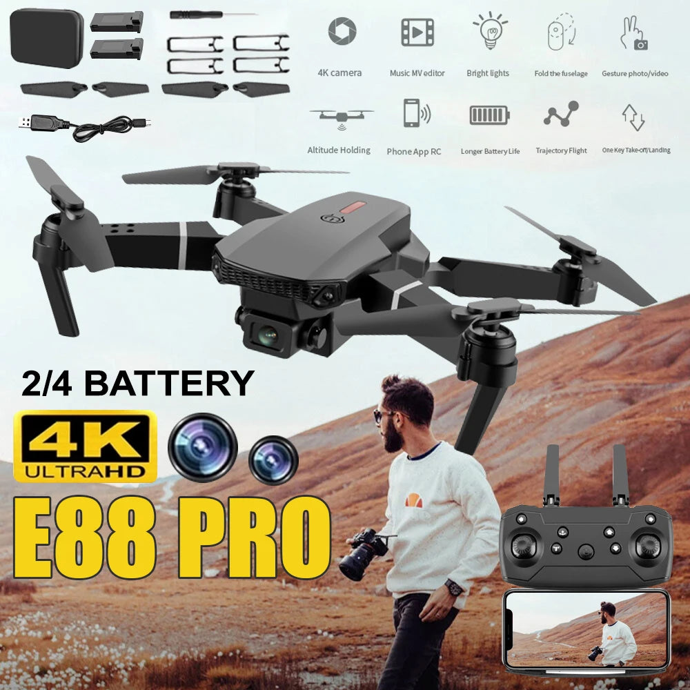 E88 Pro RC Drone WiFi FPV Height Hold Foldable Obstacle Avoidance 4K Wide-Angle HD Camera Quadrotor Helicopter Children's Toys