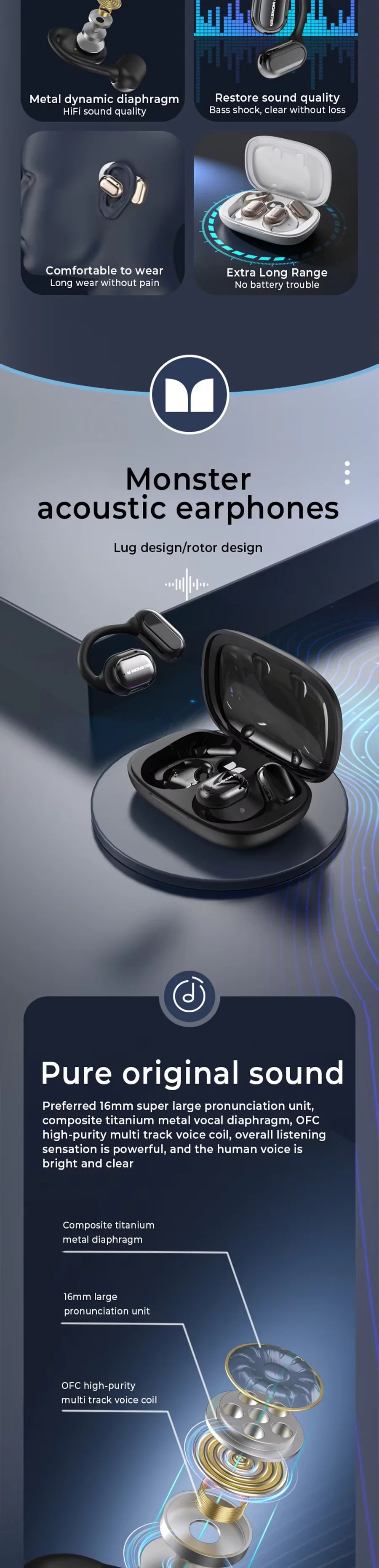 Monster AC100 Open Ear Wireless Bluetooth Headphones HIFI Sound Quality HD Call Music Earphones Waterproof Sports Touch Earbuds
