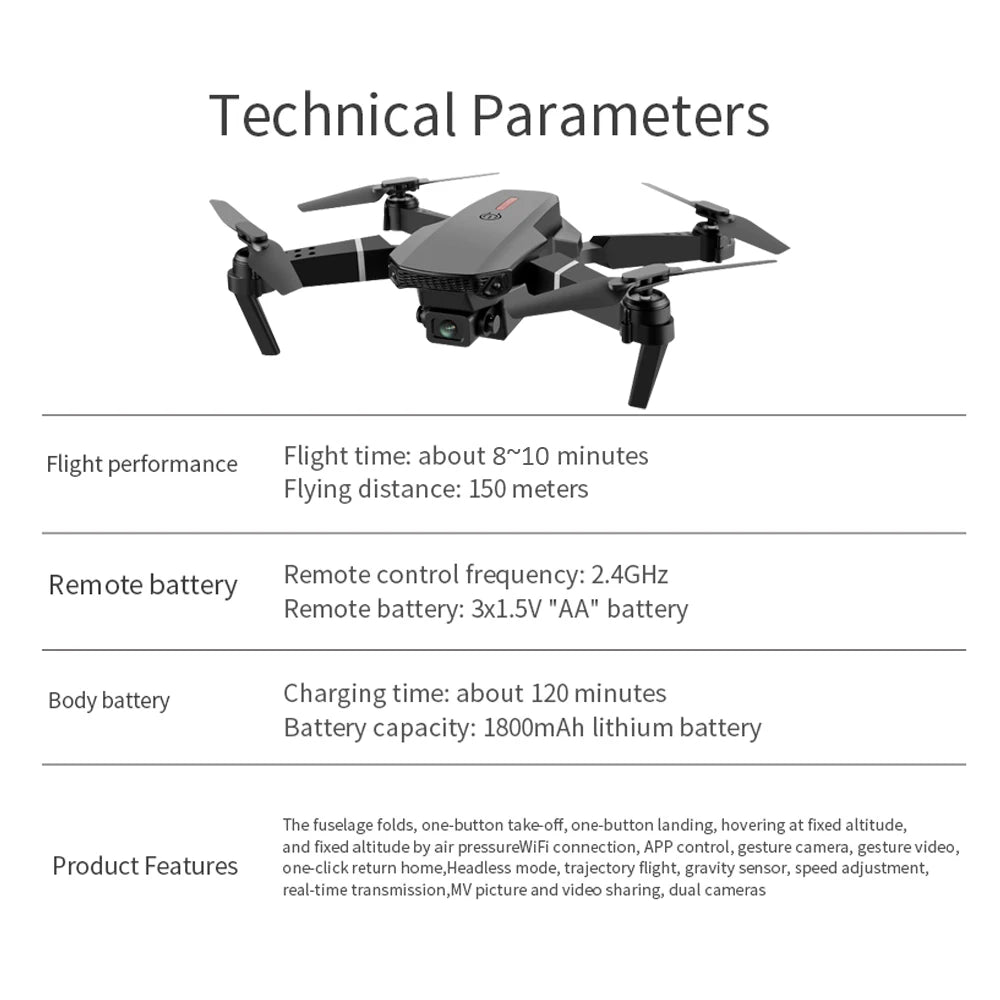 E88 Pro RC Drone WiFi FPV Height Hold Foldable Obstacle Avoidance 4K Wide-Angle HD Camera Quadrotor Helicopter Children's Toys
