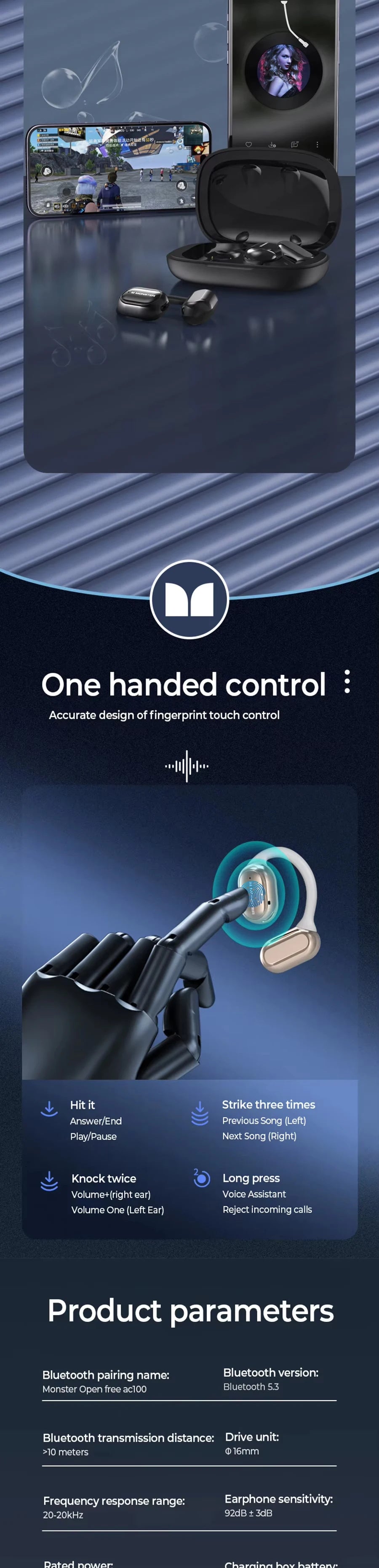 Monster AC100 Open Ear Wireless Bluetooth Headphones HIFI Sound Quality HD Call Music Earphones Waterproof Sports Touch Earbuds
