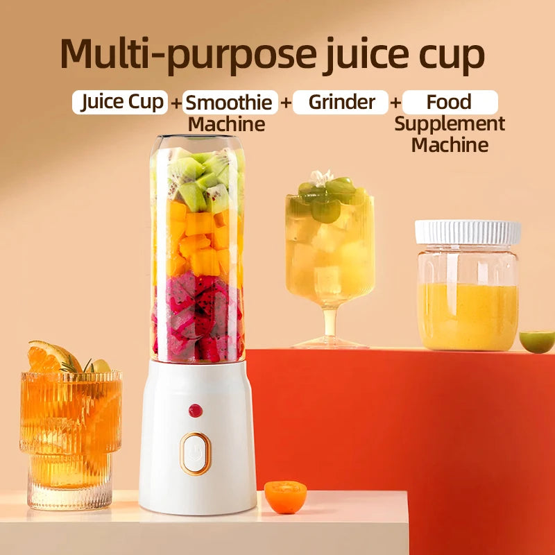 Portable electric juicer, 450ml, USB fast charging, 10 blades, dual cup design, suitable for milkshakes/juicers/smoothies