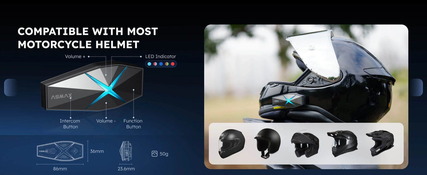 ASMAX F1 Mesh Motorcycle Intercom AI Voice HD 45mm Speakers 1350mAh Battery Pro-Level Helmet Communication System Global version