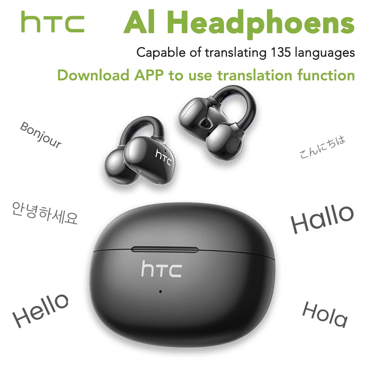 【HTC NE55】 Bluetooth Earphones AI Translation Earbuds Ear clip Sport Wireless Headphones Comfort Super Bass Open-Ear Earbuds