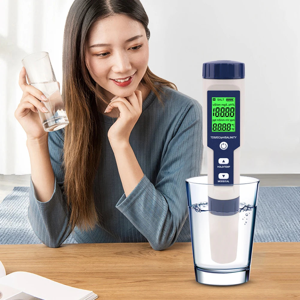 5 in 1 Water Tester Monitor Digital TDS/EC/PH/Salinity/Temperature Meter Portable Pen Water Quality Detector for Pools Aquariums