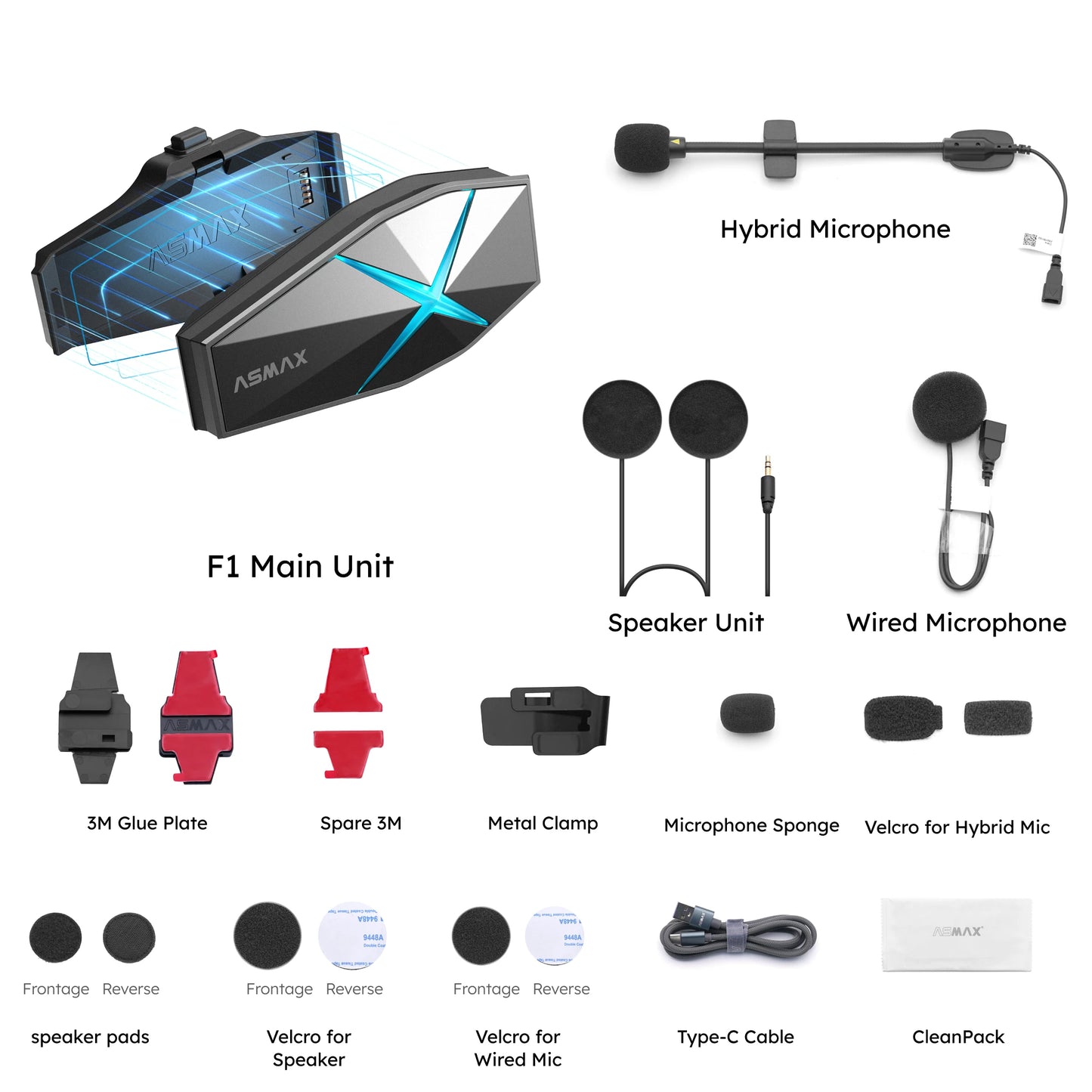 ASMAX F1 Mesh Motorcycle Intercom AI Voice HD 45mm Speakers 1350mAh Battery Pro-Level Helmet Communication System Global version