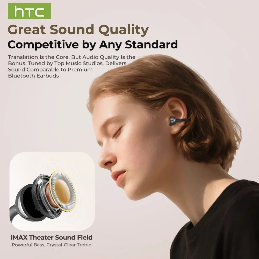 【HTC NE55】 Bluetooth Earphones AI Translation Earbuds Ear clip Sport Wireless Headphones Comfort Super Bass Open-Ear Earbuds