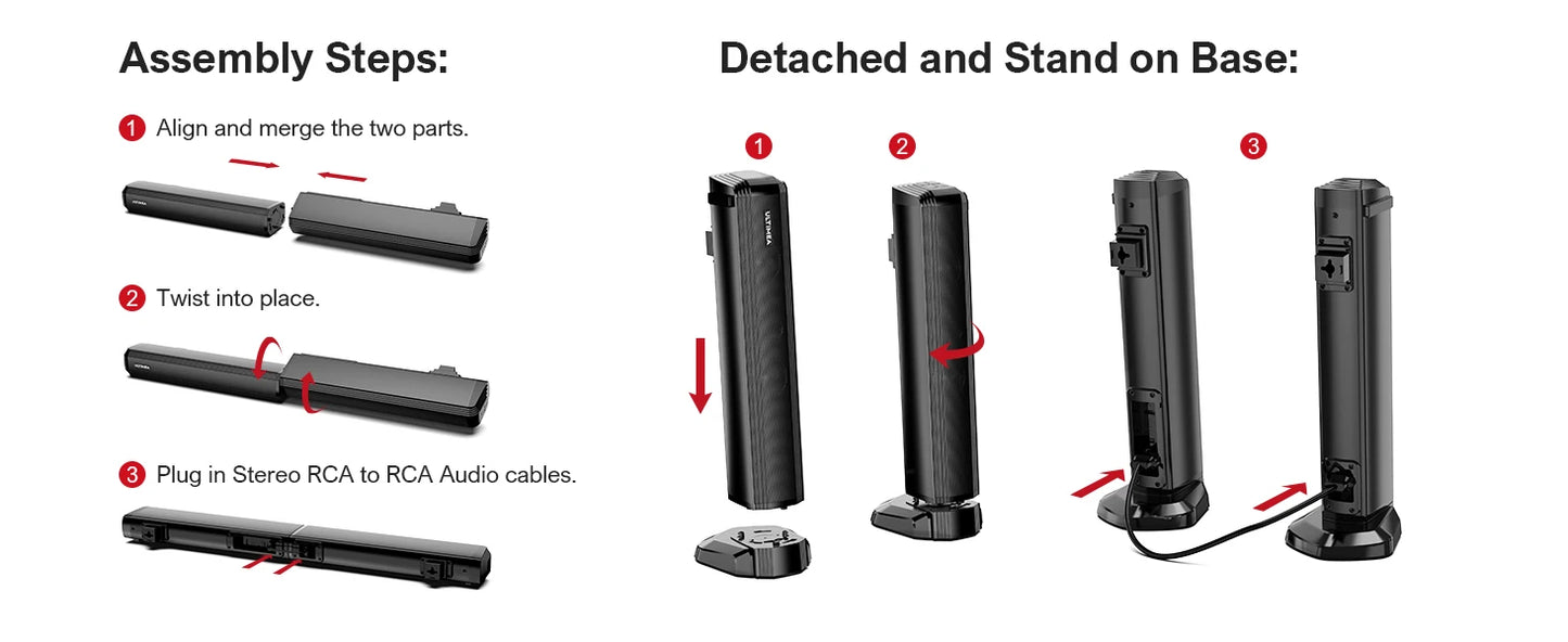 ULTIMEA 100W 2.2ch TV Sound Bar, 2-in-1 Detachable Bluetooth Soundbar for TV, Bass Adjustable, 3 EQ Modes, Apollo S40 Series