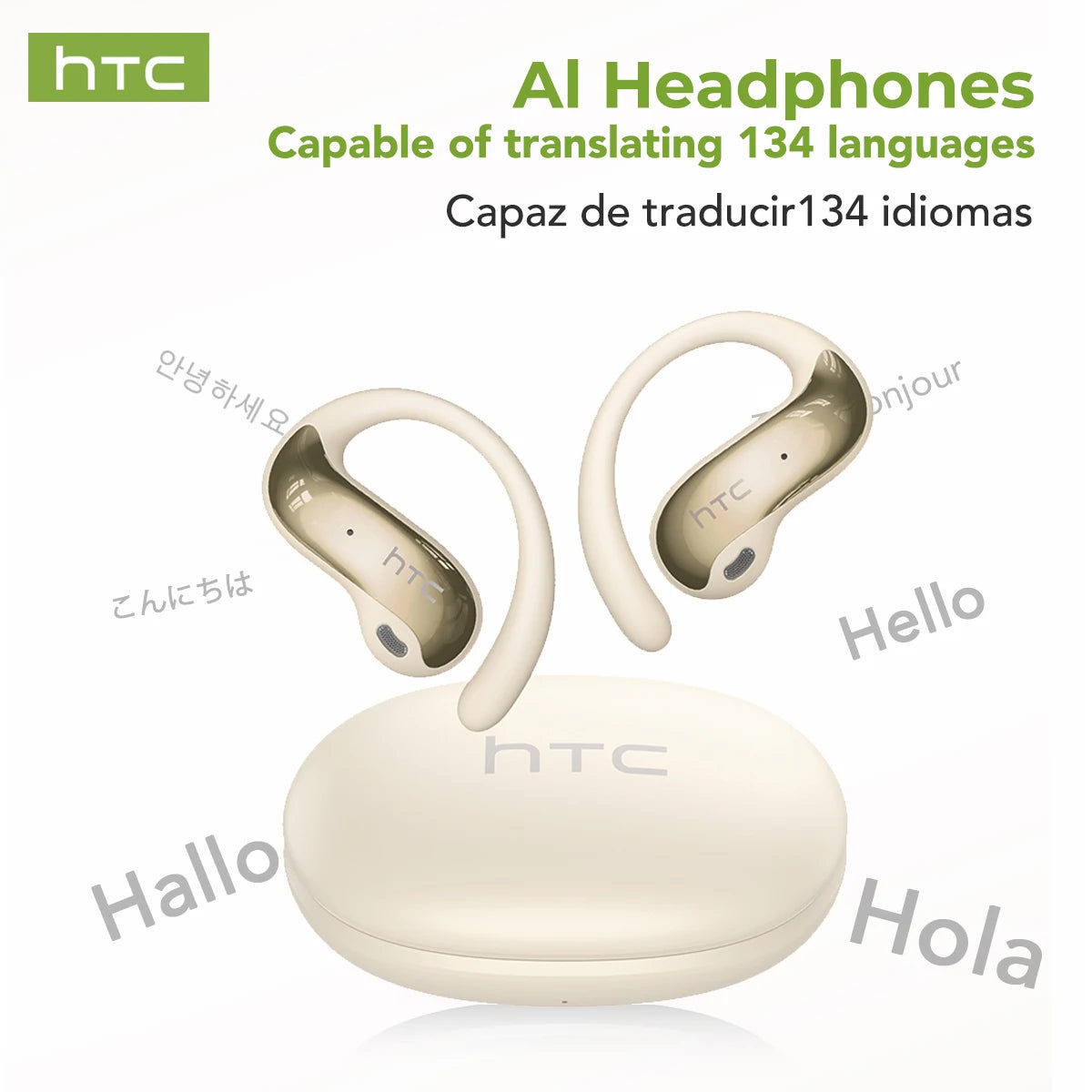 HTC NE19 Bluetooth Earphones OWS Sports Wireless Headphones Powerful Bass AI Translator Earbud Waterproof Ear Hook Louder Stereo