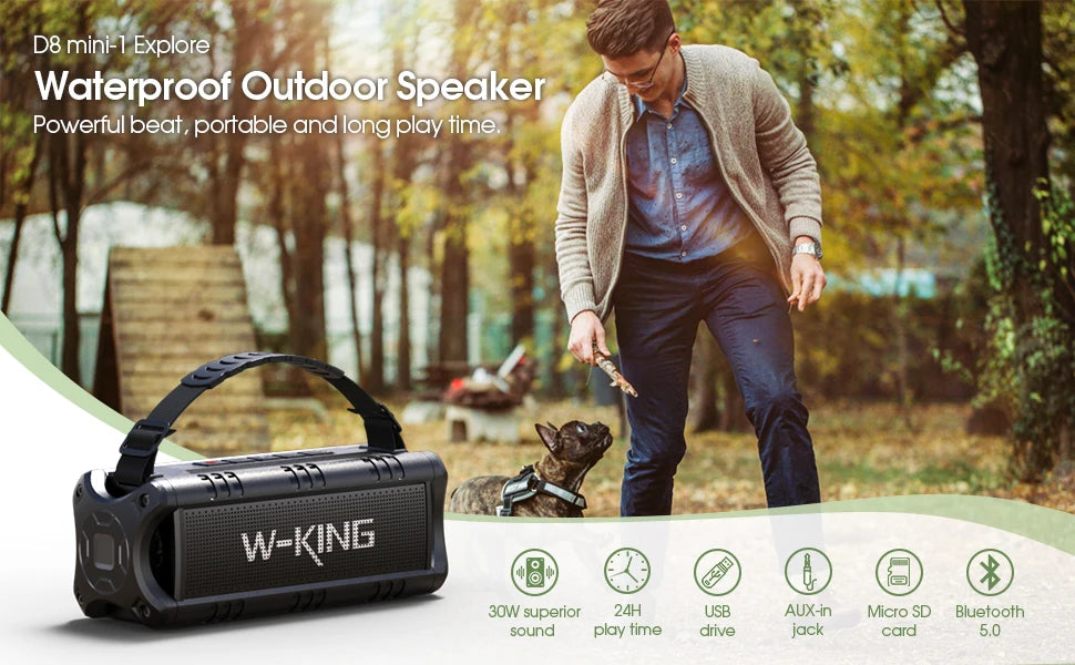 W-KING Bluetooth Speaker, 30W Portable Wireless Loud Speakers, IPX6 Waterproof Outdoor Speaker, 24H Playtime, EQ, AUX, TF Card