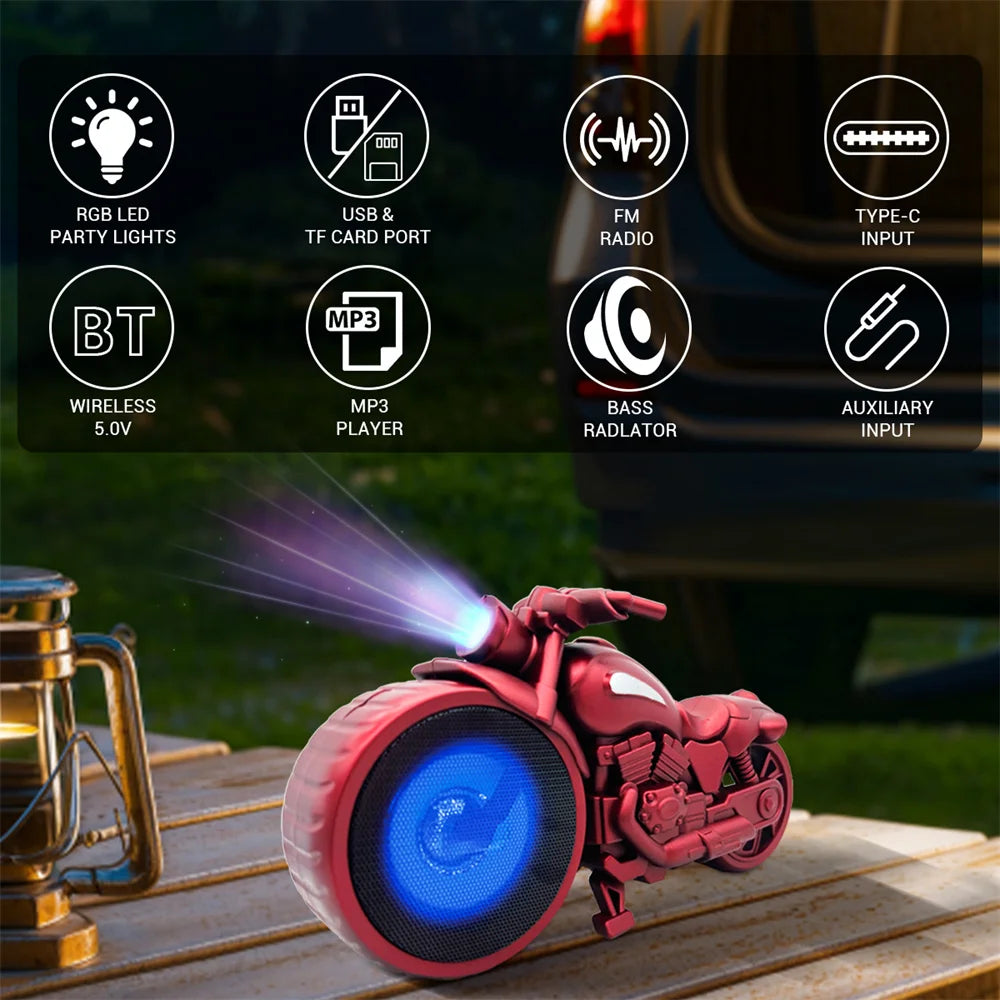 Bluetooth Speaker Motorcycle Replica Retro Ride FM Radio TWS LED Party Lights Tws Rechargeable USB TF Outdoor Speaker