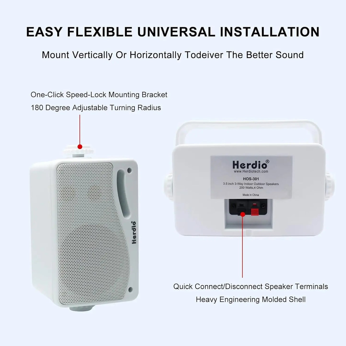 Herdio 2PCS 3.5'' Passive Outdoor Speakers Wired Waterproof 200W 3 Way Premium Mountable Wall Mount Speakers For Patio Boat Home