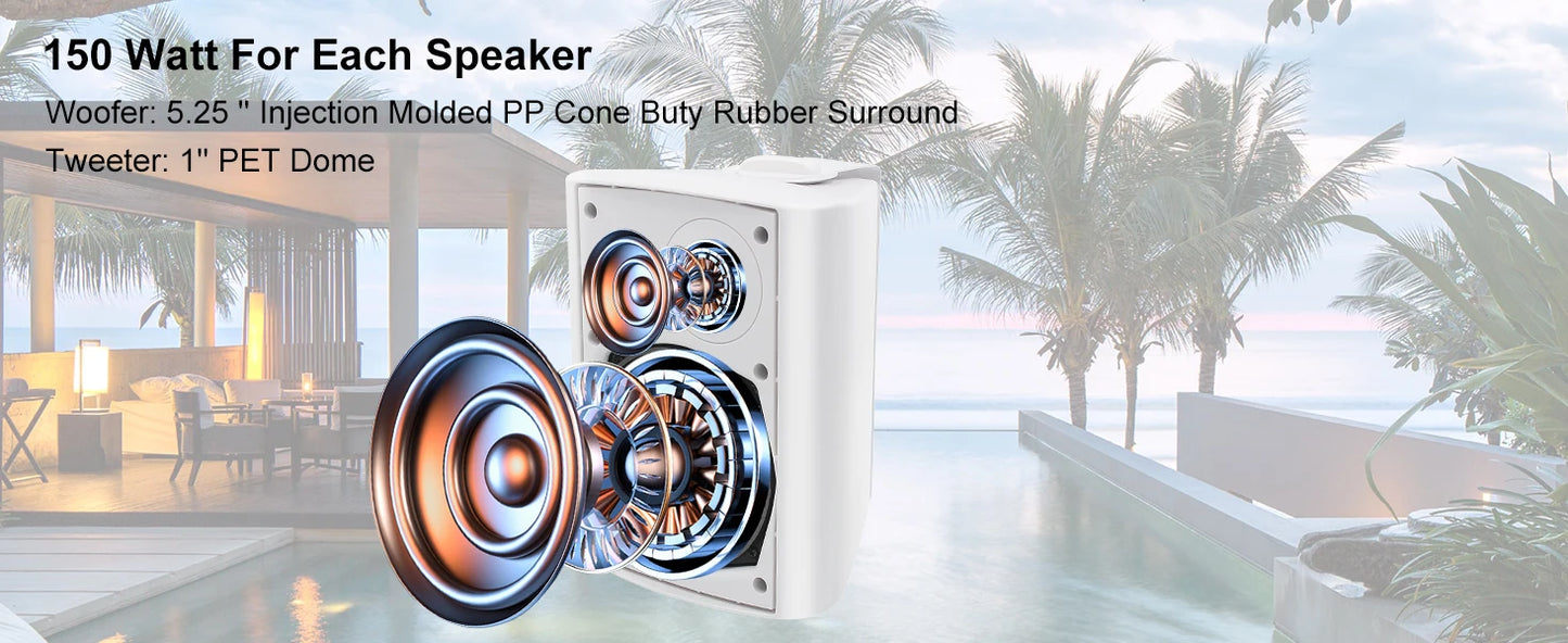 Herdio 2PCS 5.25‘’ 300 Watts Passive Wired Indoor Outdoor Patio Deck Speakers All Weather Wall Mount System For Patio Garden