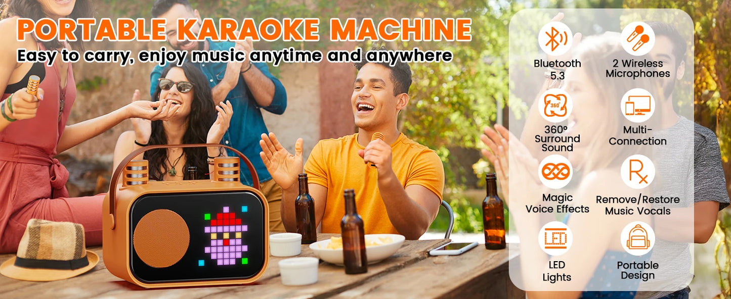 D58 Karaoke Machine for Children and Adults, Mini Portable Bluetooth Karaoke Speaker with 2 Wireless Microphones
