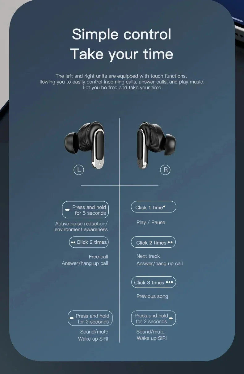 Xiaomi TWS V8 ANC+ENC wireless Bluetooth noise cancelling headphones with microphone, in ear touch screen headphones