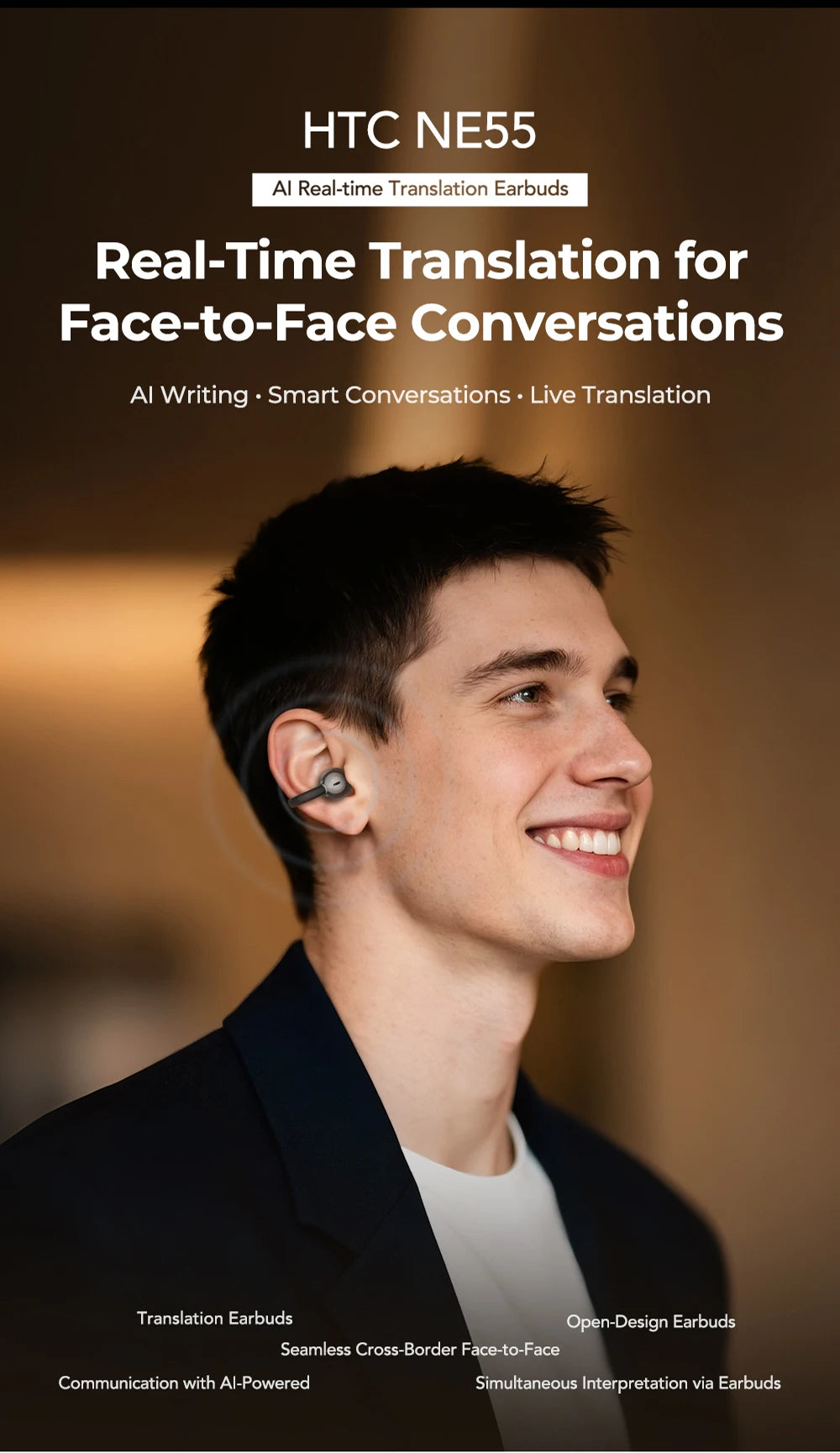 【HTC NE55】 Bluetooth Earphones AI Translation Earbuds Ear clip Sport Wireless Headphones Comfort Super Bass Open-Ear Earbuds
