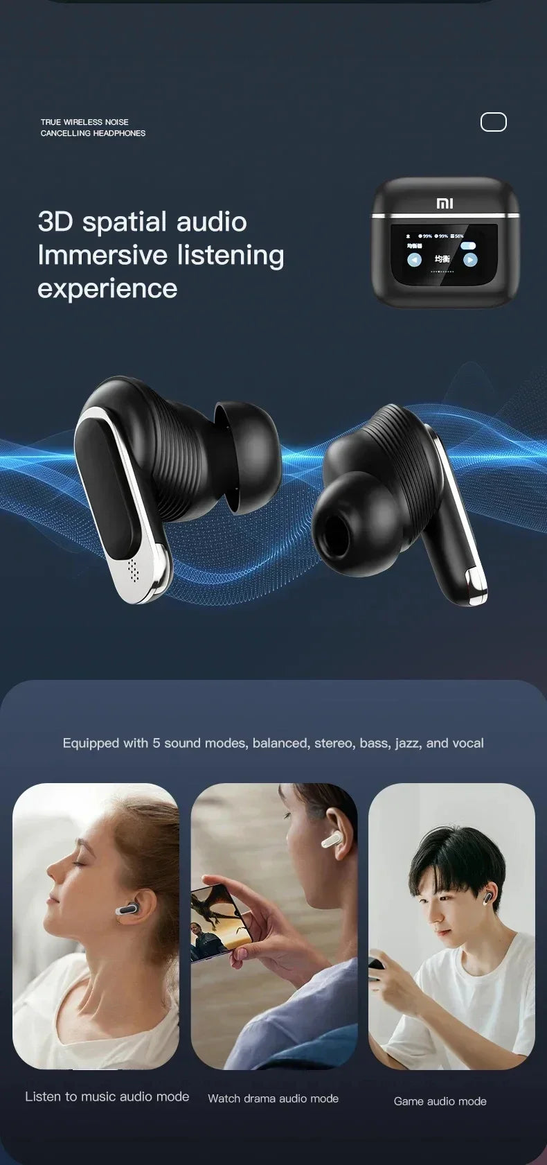 Xiaomi TWS V8 ANC+ENC wireless Bluetooth noise cancelling headphones with microphone, in ear touch screen headphones