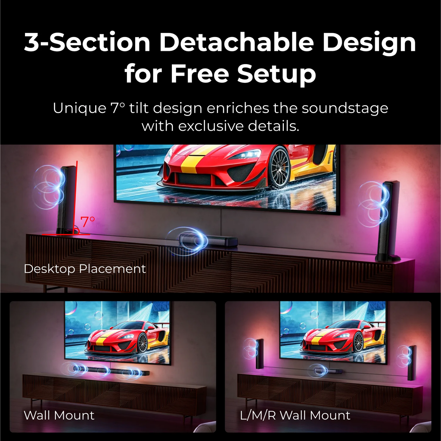 ULTIMEA 7.1ch Virtual Surround Sound Bar, Sound Bar for Smart TV with 2 Surround Speakers, Surround Sound System for TV with RGB