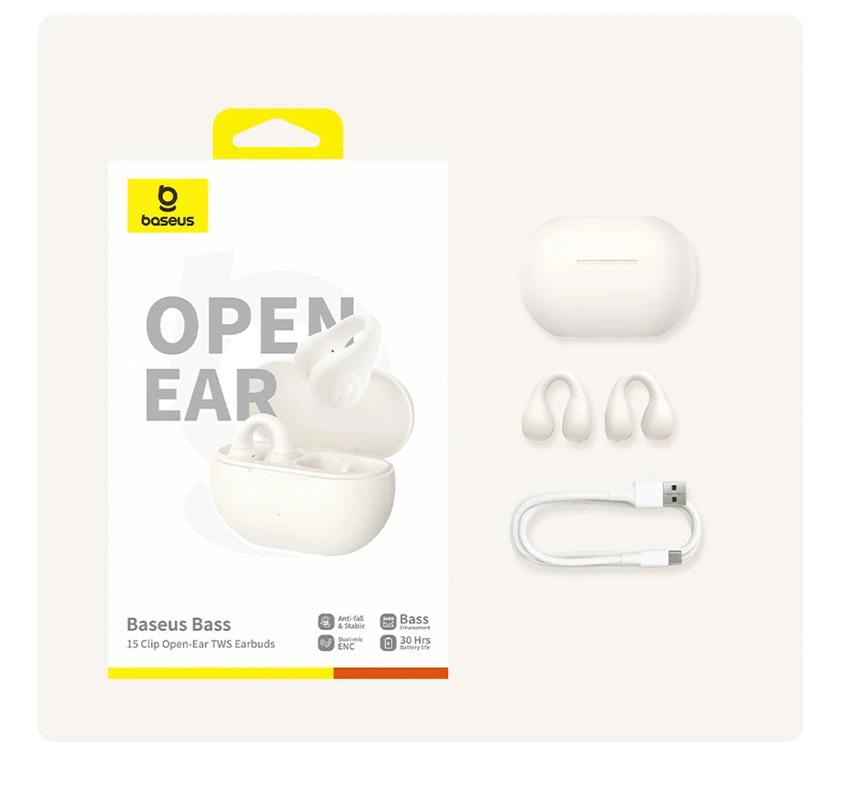 Baseus Bass 15 Clip Open Ear Earphones Wireless Bluetooth 5.4 Ear Clip Earphones Ear Sports TWS Earbuds 2-Mic ENC Headphones