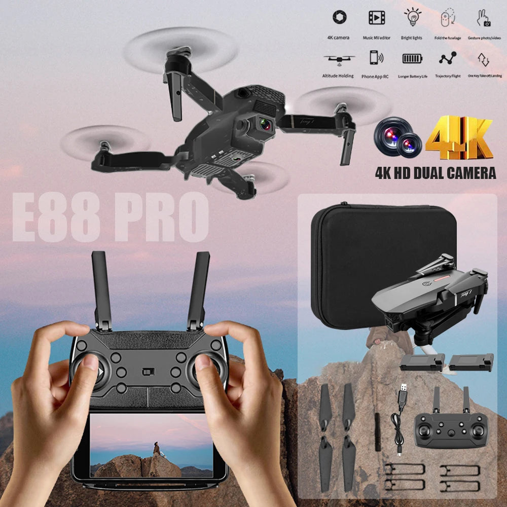E88 Pro RC Drone WiFi FPV Height Hold Foldable Obstacle Avoidance 4K Wide-Angle HD Camera Quadrotor Helicopter Children's Toys
