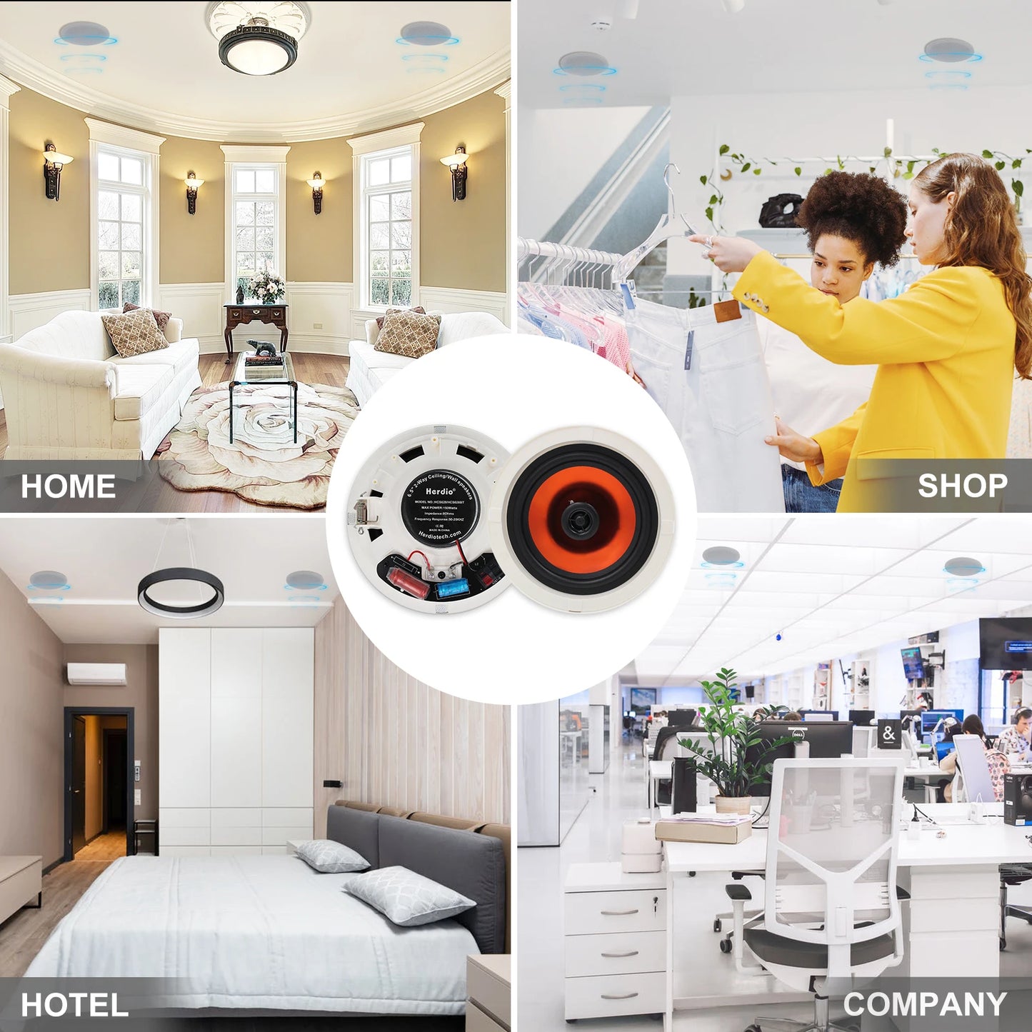 Herdio 6.5 Inch Home Audio 300W Ceiling Bluetooth Speaker HIFI Full Range Stereo System For Indoor Kitchen Bedroom Bathroom